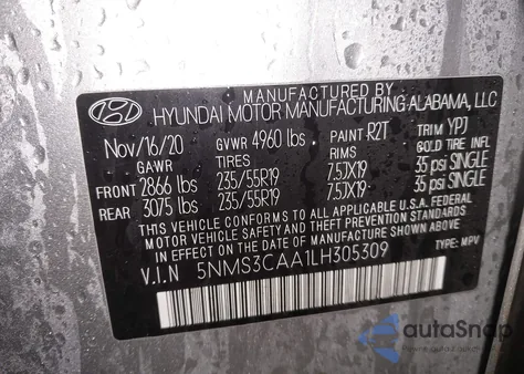 2020 Hyundai Santa Fe Sel 2.0T from USA, damaged, VIN 5NMS3CAA1LH305309